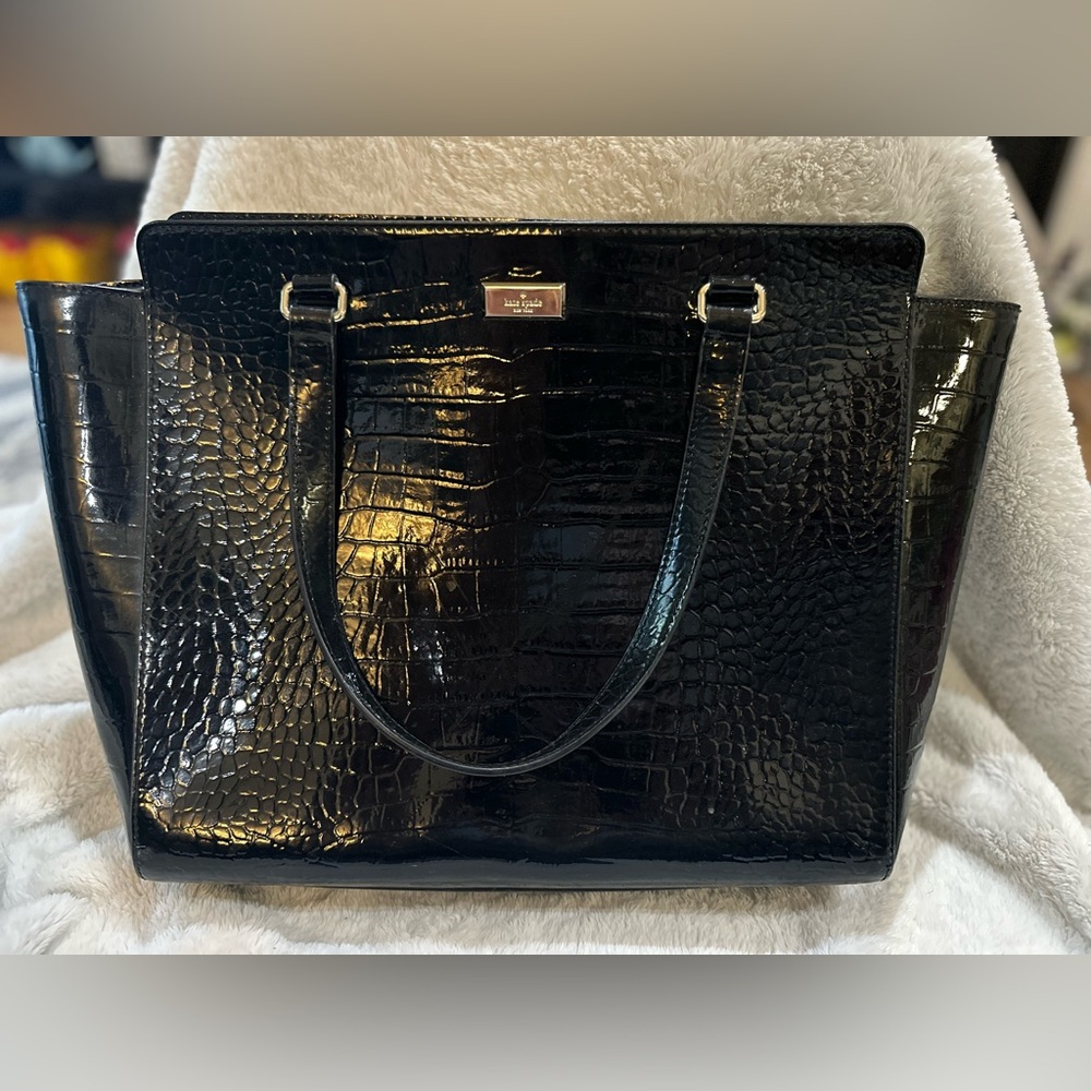 Kate Spade Black Glossy Tote with Gold Accents